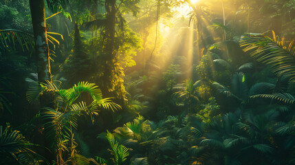A lush, dense jungle with sunlight filtering through the green leaves at sunset