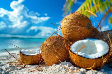 Coconuts on the beach with blue sky. - Powered by Adobe