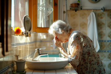 elderly argentine woman, just awake, washes her face in the bathroom sink while the morning sun shines through the window