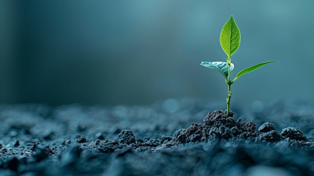  A tiny green plant emerges from a mound of dirt against a backdrop of a clear blue sky Atop the earth, a solitary green leaf sprout unfurls