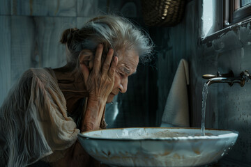 elderly Italian woman, just awake, washes her face in the bathroom sink, getting ready to start the day