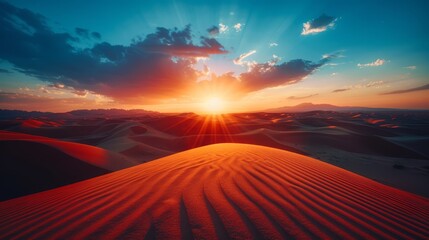  The sun sets over a desert landscape, featuring dunes and sandy foreground A blue sky above is adorned with wispy clouds and a few white ones (39 tokens