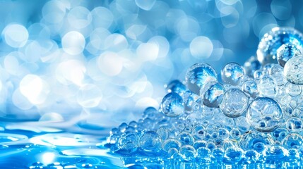  A tight shot of water bubbles atop a blue surface, backdrop lit by a halo of lights Foreground features a blue and white light haze