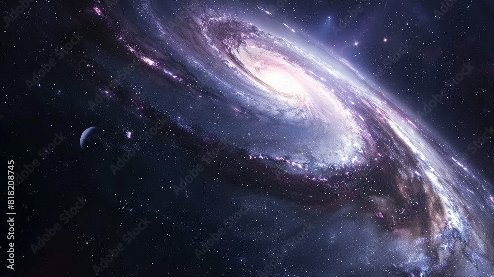 Poster spiral galaxy with bright center and extensive arms. astronomy and cosmic scene for sci-fi and space