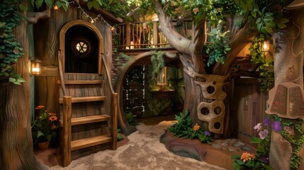 Fototapeta na wymiar A cozy treehouse interior featuring a wooden staircase, lanterns, and lush greenery during dusk.