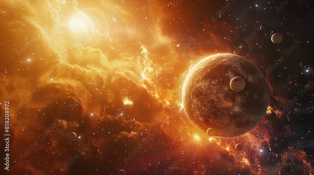 Poster fiery orange cosmic scene with planets and glowing nebulae. dynamic and vibrant space background for