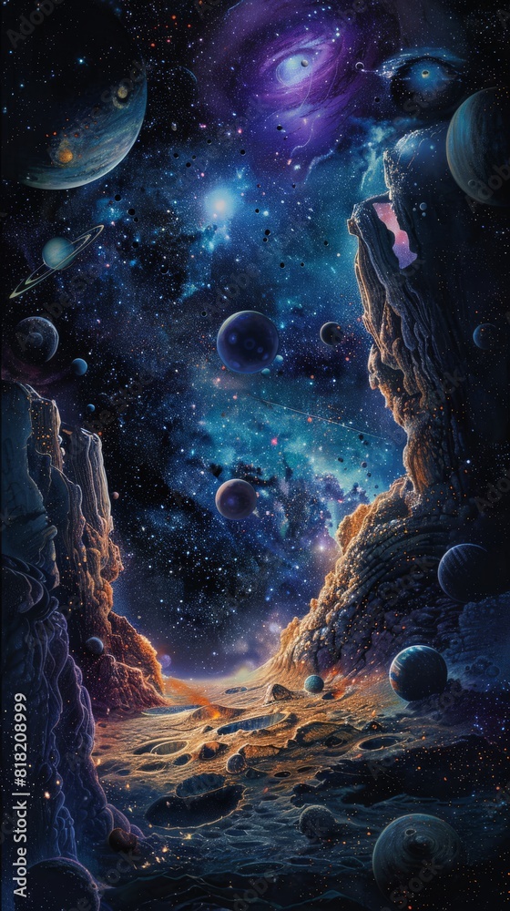 Poster Cosmic landscape with planets and stars in deep space. Mystical and imaginative background for sci-fi and fantasy themes
