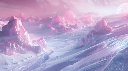 pink and purple aesthetic mountains, glowy and glistening sand, snowy mountains 