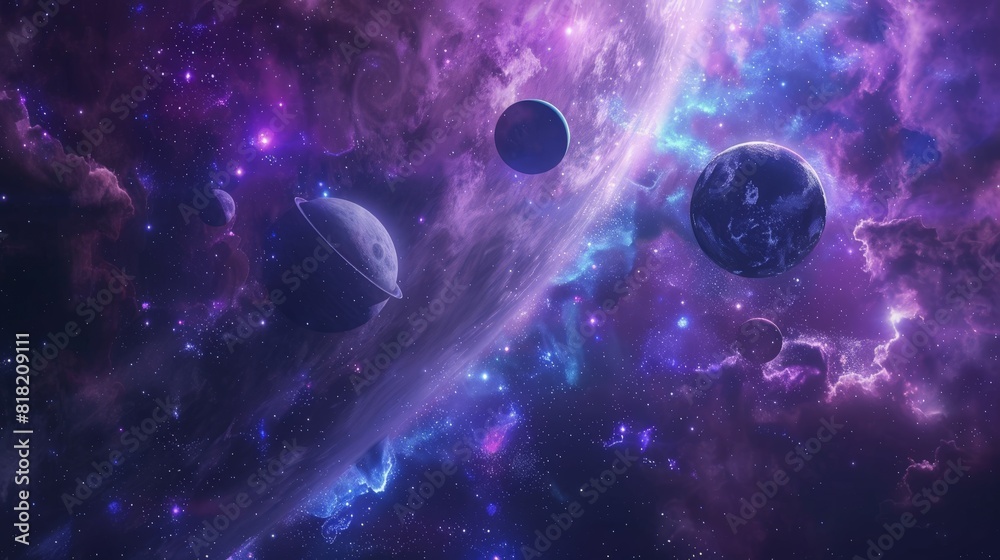 Poster purple and blue cosmic scene with planets and nebulae. mystical and surreal space background for sci