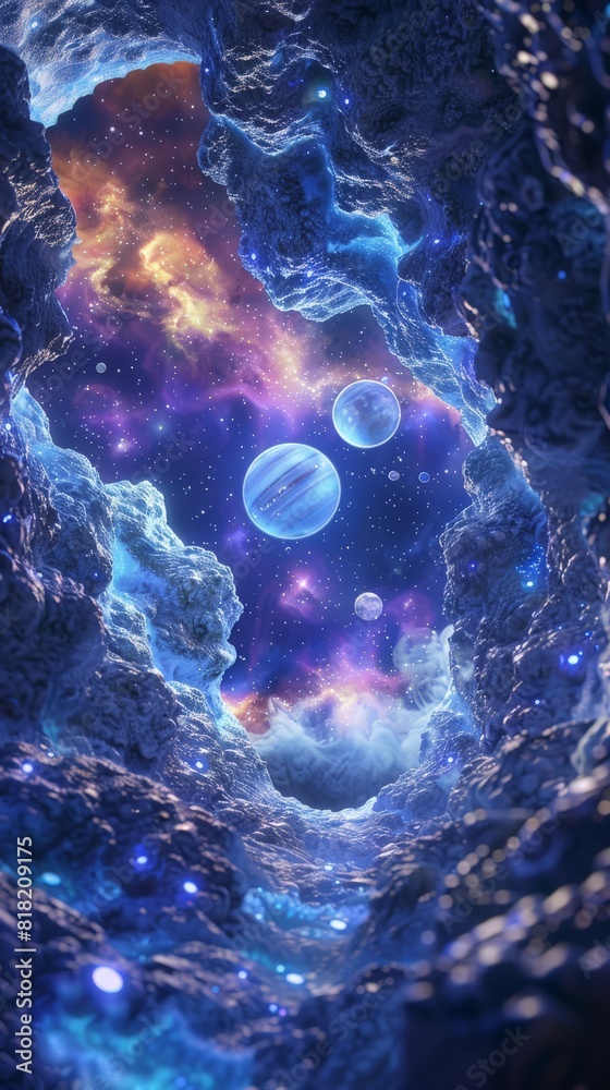 Poster cosmic cave with planets and starry sky. mystical and imaginative space scene perfect for fantasy an