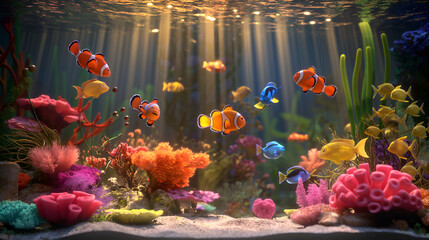 Nemo fishes in the underwater world. Marine life. Sea creatures.