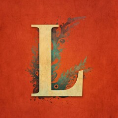 Nature alphabet. Letter L with grunge texture. Vintage typography.