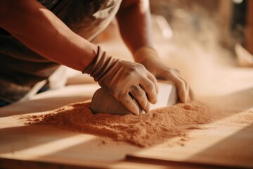 Close up of unrecognizable carpenter restoring a wood with sand paper. Close up of unrecognizable manual worker using sand paper while working on a wood