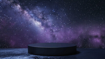 round podium on dark background with stars and milky way galaxy, mockup scene for product presentation, luxury showcase display stage platform pedestal