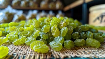 A pile of green raisins on a table.