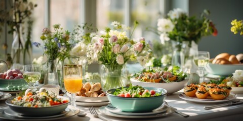 Spring holiday table with various delicious dishes and flowers in a vase