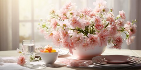 Beautiful spring bouquet in a vase on the table. Generative AI