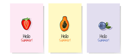 Hello summer set with papaya, strawberries and blueberries. Colorful postcard, banner, poster template with fruit. Vector illustration