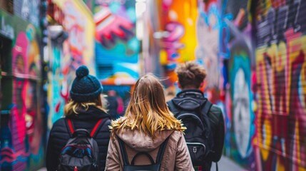 A diverse group of individuals stroll down a vibrant, painted alleyway