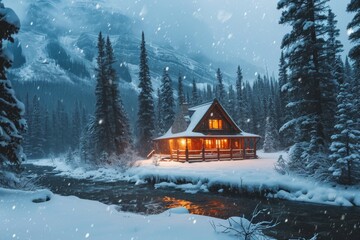 A peaceful cabin  during snowfall, A cozy cabin nestled in the middle of a snowy forest, AI-generated