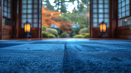 ground level photography of blue eva rubber tatami, japanese taewondo or karate empty salon, martial arts