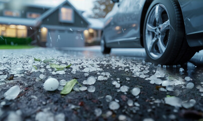 A car is pelted with hail in the driveway of a suburban home as it is parked in the driveway. A hailstorm, low angle, hail stones on the ground, hail damaged house and car, weather