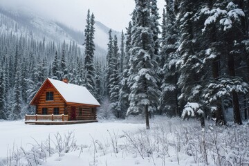 A peaceful cabin  during snowfall, A cozy cabin nestled in the middle of a snowy forest, AI-generated