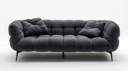 Fototapeta premium Modern dark grey sofa with cushions and black legs. Contemporary living room decor, Black Minimalist style