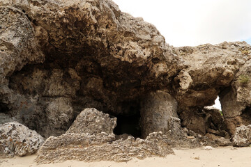 Big rock formation in the shape of a roof on pillars at the Pobiti Kamani stone forest, close to Varna, Bulgara