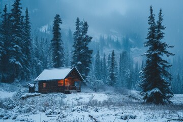 A peaceful cabin  during snowfall, A cozy cabin nestled in the middle of a snowy forest, AI-generated