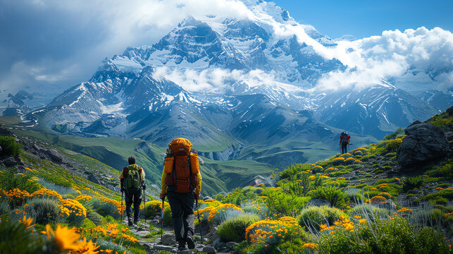 A group adventure team on beatiful mountain