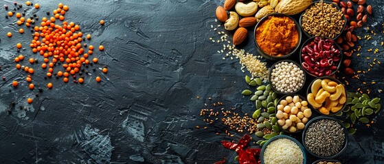 Various types of grains and seeds on a black background.