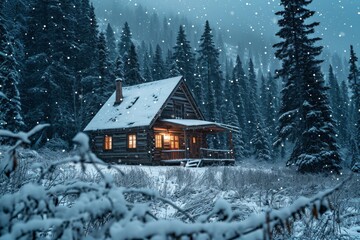 A peaceful cabin  during snowfall, A cozy cabin nestled in the middle of a snowy forest, AI-generated