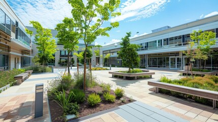 Benches and trees in a courtyard of an office building, providing a green space for relaxation and socializing.