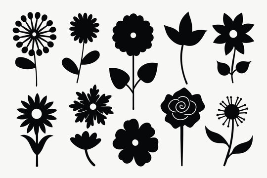 Single flower doodles drawing vector illustration. Spring flower outline set including a rose, sunflower daisy, hibiscus, peony, camellia
