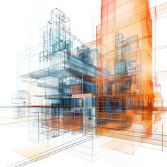 AI-generated 3D render of a futuristic cityscape in wireframe architecture style.