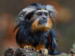 Obraz premium Intimate portrait of an emperor tamarin with a unique mustache, deep in contemplation, against a tranquil, softly focused natural backdrop