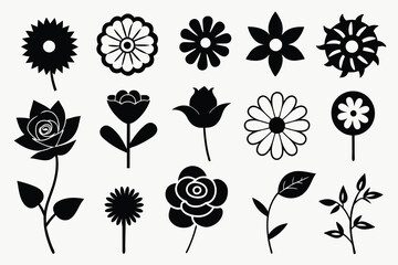 Single flower doodles drawing vector illustration. Spring flower outline set including a rose, sunflower daisy, hibiscus, peony, camellia