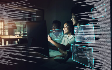 Business people, teamwork and analytics overlay with statistics graphs or hologram, future or growth. Colleagues, strategy and charts or problem solving solution with brainstorming, tech or metrics