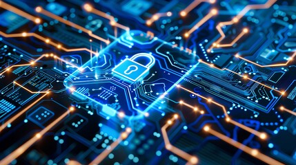 Lock on the circuit pattern Concept of data security cybersecurity encryption etc
