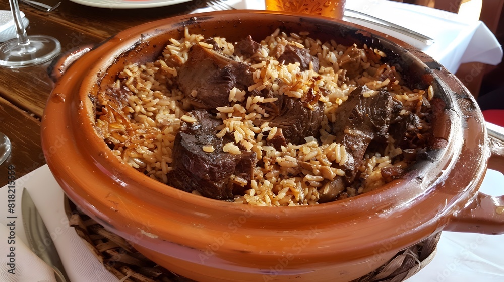 Wall mural Arroz de carreteiro. beef and rice dish cooked in a clay pot