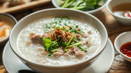 close up Congee with pork season with ginger and  
spring onion