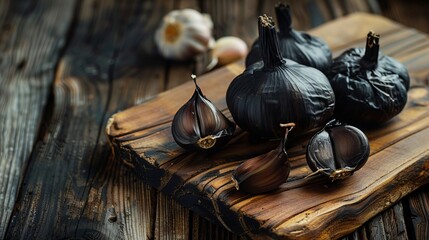 Black garlic on a wooden cutting board.