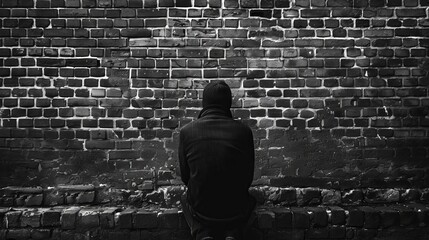 A man sitting on a brick wall.
