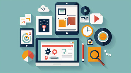 Illustrative composition showcasing various elements of web development and design, including responsive devices, coding, and multimedia content