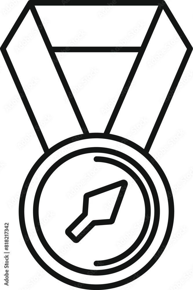 Sticker Black and white line art vector illustration of a medal with ribbon, denoting achievement or reward