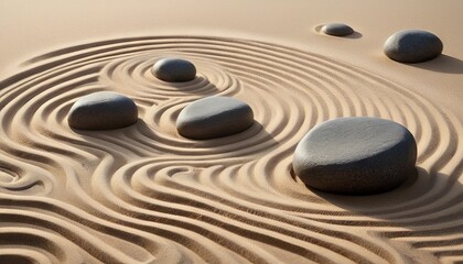 A serene Zen garden with smooth stones and raked sand creating a pattern of tranquility and balance.