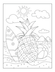 Hand-drawn Summer coloring book for kids and adults with pineapple and surfing boat