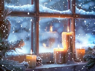 Winter window with candles and snow, christmas background