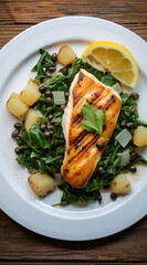 Grilled halibut with capers and greens